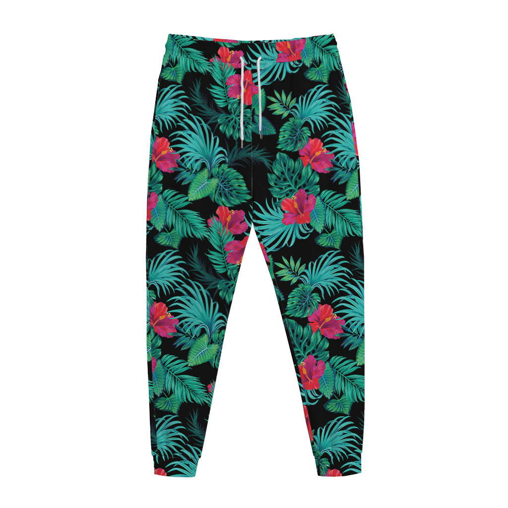 Turquoise Hawaiian Palm Leaves Print Jogger Pants