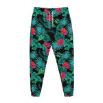 Turquoise Hawaiian Palm Leaves Print Jogger Pants