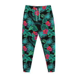 Turquoise Hawaiian Palm Leaves Print Jogger Pants