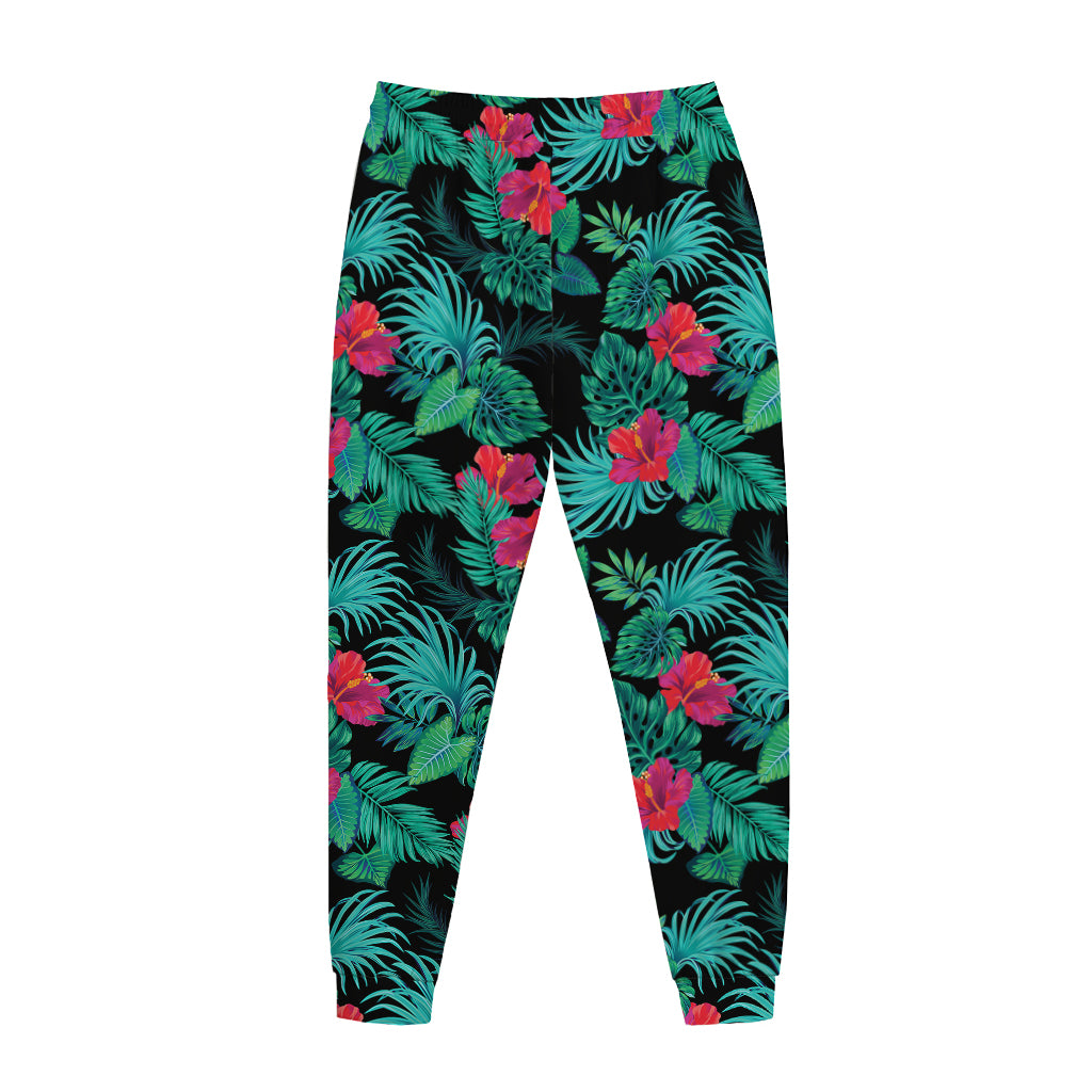 Turquoise Hawaiian Palm Leaves Print Jogger Pants