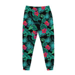 Turquoise Hawaiian Palm Leaves Print Jogger Pants