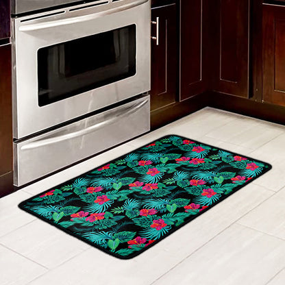 Turquoise Hawaiian Palm Leaves Print Kitchen Mat