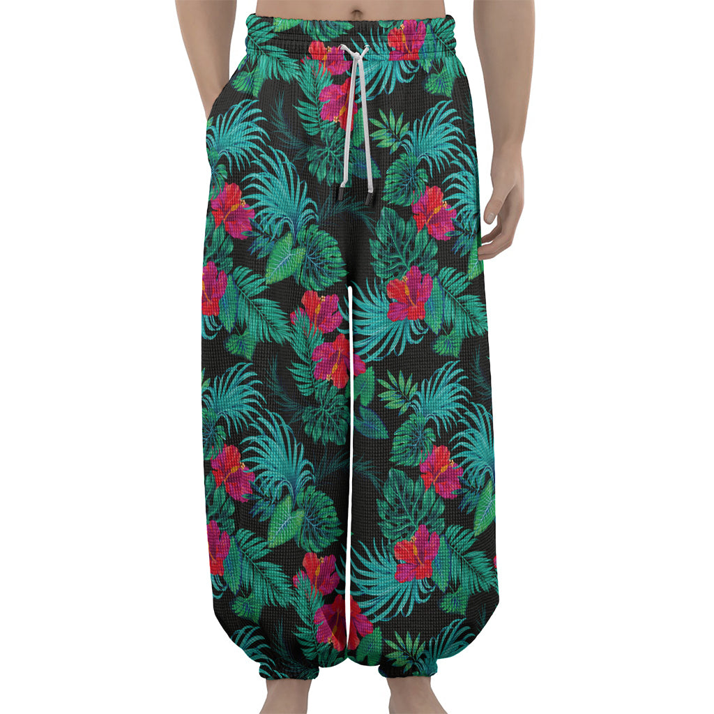 Turquoise Hawaiian Palm Leaves Print Lantern Pants