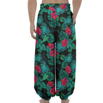 Turquoise Hawaiian Palm Leaves Print Lantern Pants