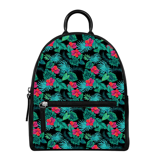 Turquoise Hawaiian Palm Leaves Print Leather Backpack