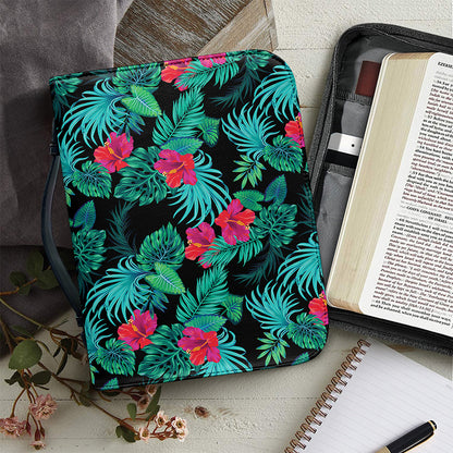 Turquoise Hawaiian Palm Leaves Print Leather Bible Cover