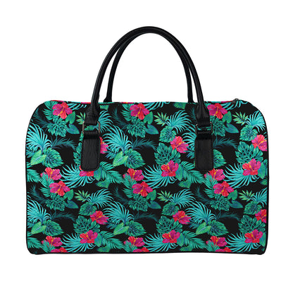 Turquoise Hawaiian Palm Leaves Print Leather Duffle Bag