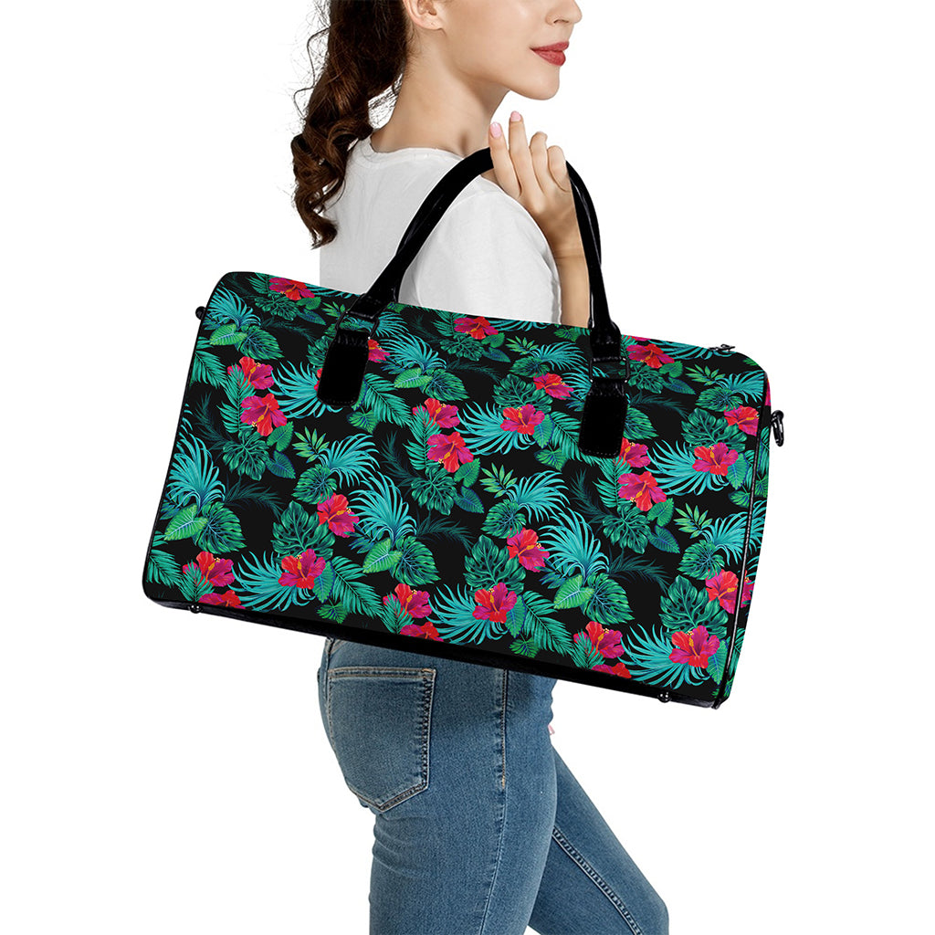 Turquoise Hawaiian Palm Leaves Print Leather Duffle Bag