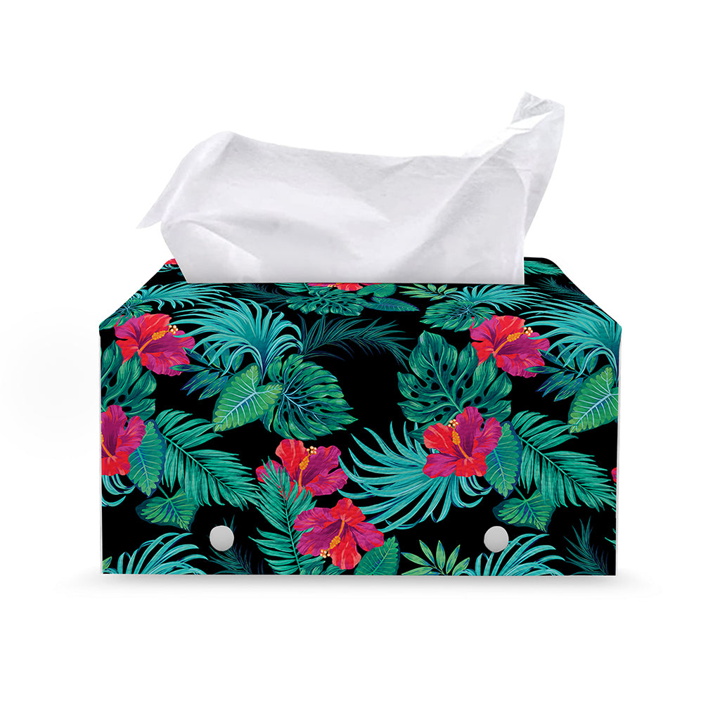 Turquoise Hawaiian Palm Leaves Print Leather Tissue Box Cover
