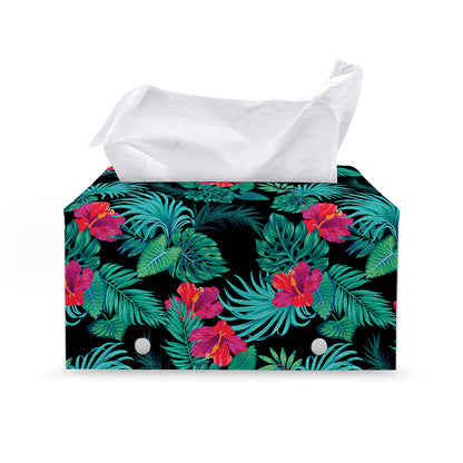 Turquoise Hawaiian Palm Leaves Print Leather Tissue Box Cover
