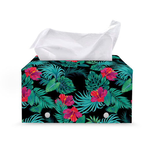 Turquoise Hawaiian Palm Leaves Print Leather Tissue Box Cover