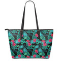 Turquoise Hawaiian Palm Leaves Print Leather Tote Bag With Zipper