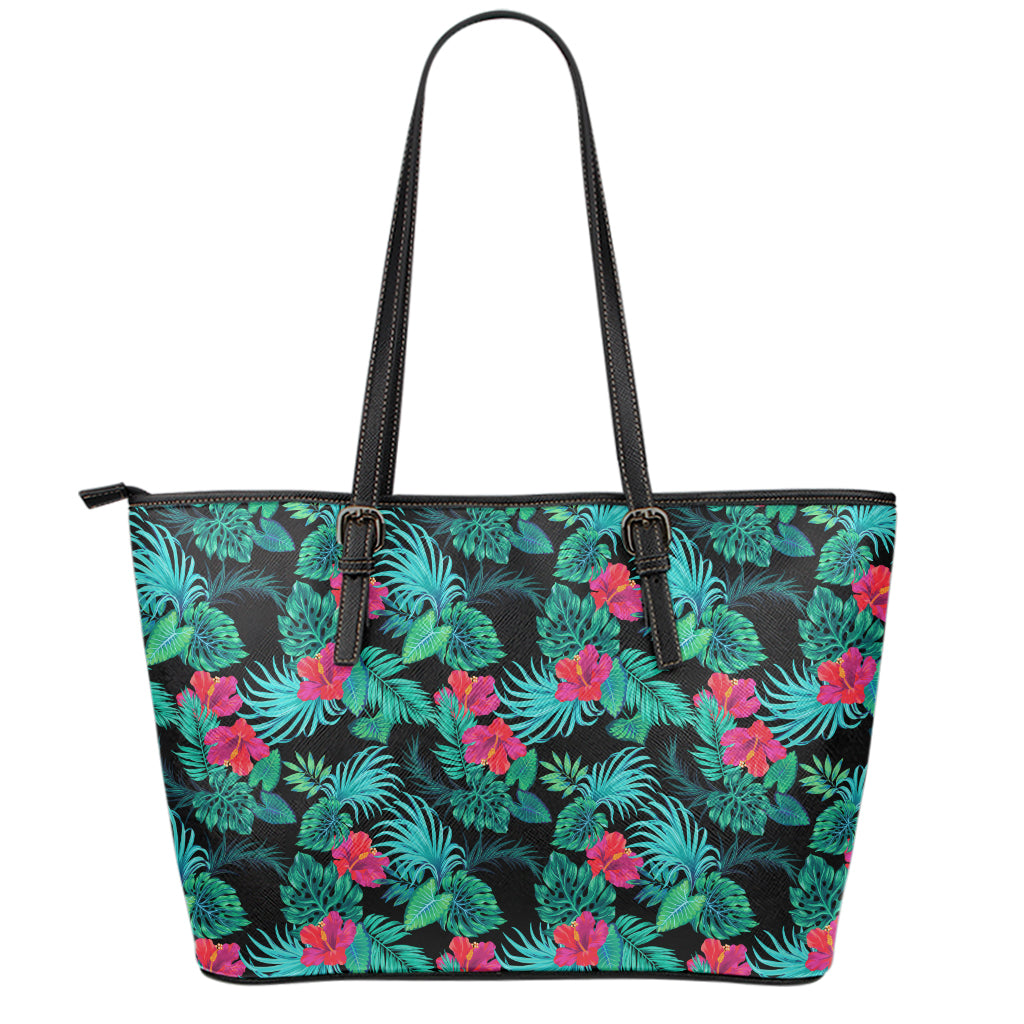 Turquoise Hawaiian Palm Leaves Print Leather Tote Bag