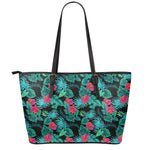 Turquoise Hawaiian Palm Leaves Print Leather Tote Bag