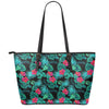 Turquoise Hawaiian Palm Leaves Print Leather Tote Bag