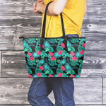 Turquoise Hawaiian Palm Leaves Print Leather Tote Bag