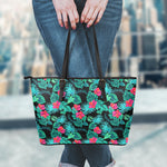 Turquoise Hawaiian Palm Leaves Print Leather Tote Bag