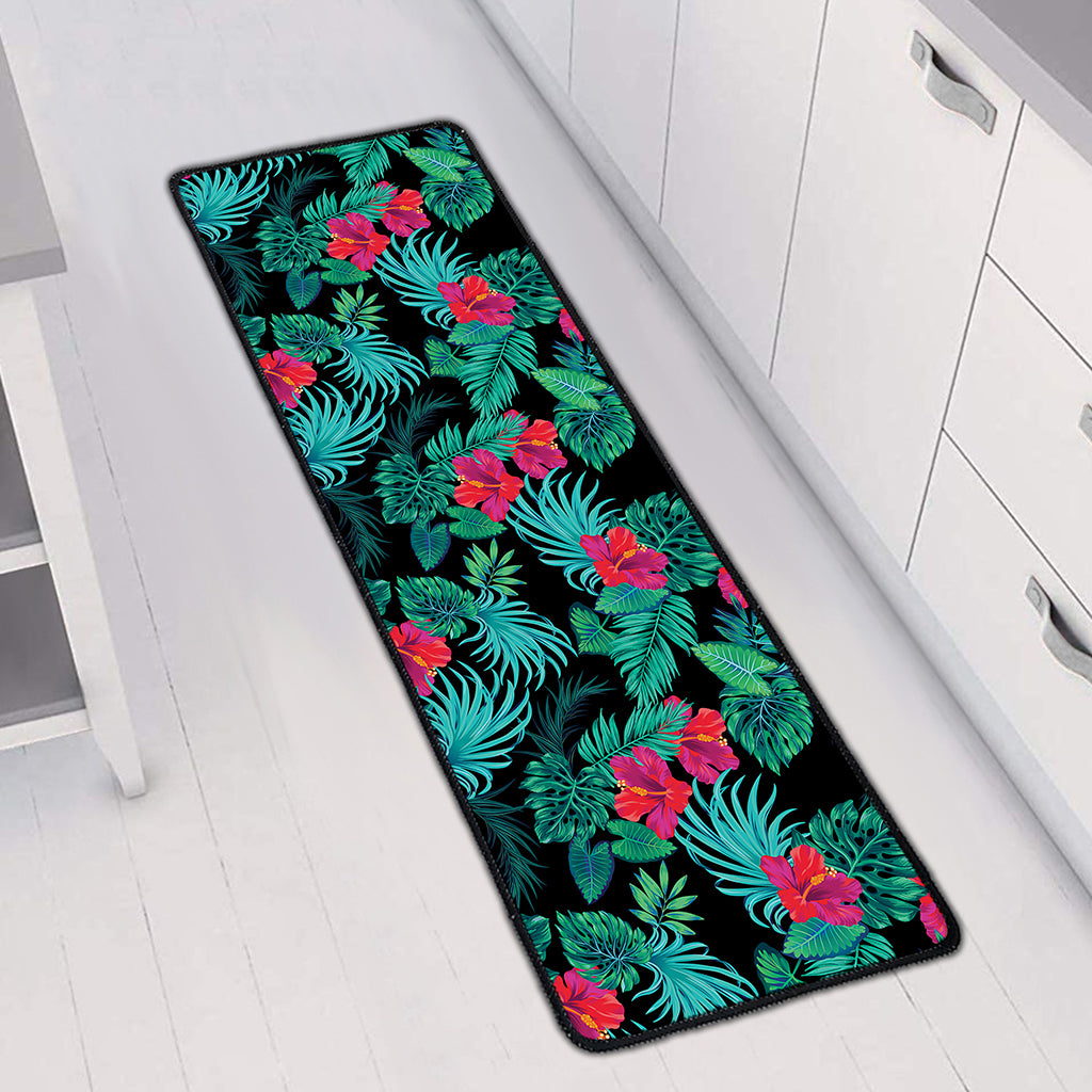 Turquoise Hawaiian Palm Leaves Print Long Kitchen Mat
