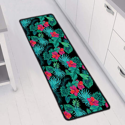 Turquoise Hawaiian Palm Leaves Print Long Kitchen Mat