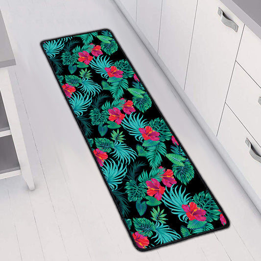 Turquoise Hawaiian Palm Leaves Print Long Kitchen Mat