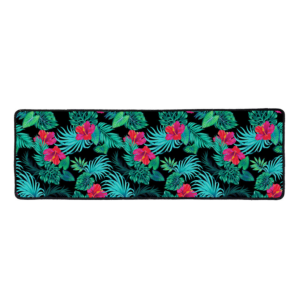 Turquoise Hawaiian Palm Leaves Print Long Kitchen Mat