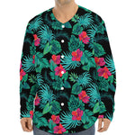 Turquoise Hawaiian Palm Leaves Print Long Sleeve Baseball Jersey