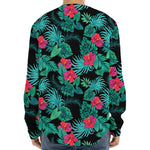 Turquoise Hawaiian Palm Leaves Print Long Sleeve Baseball Jersey