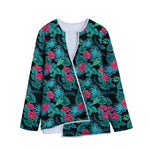 Turquoise Hawaiian Palm Leaves Print Long Sleeve Short Coat