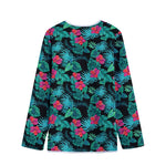 Turquoise Hawaiian Palm Leaves Print Long Sleeve Short Coat