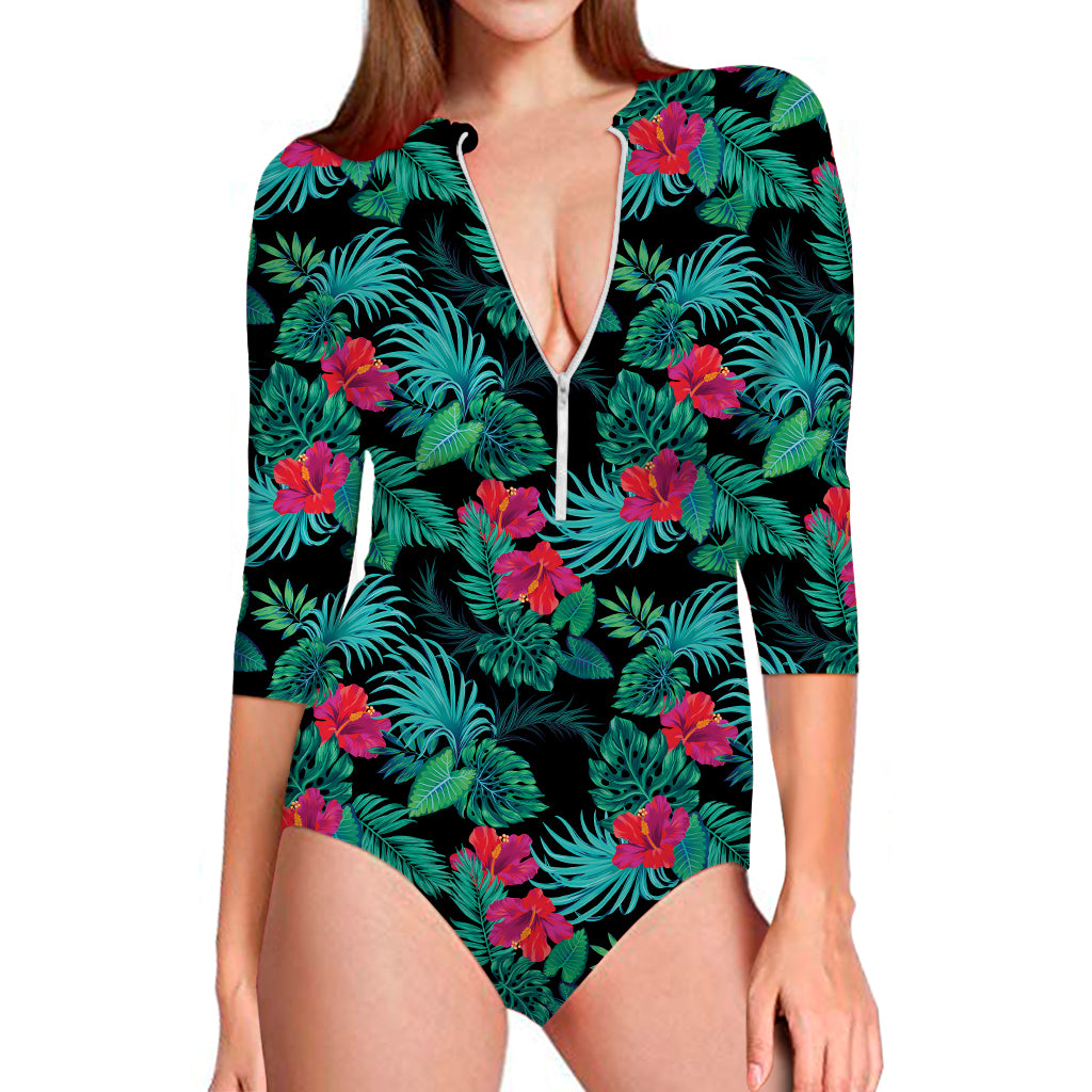 Turquoise Hawaiian Palm Leaves Print Long Sleeve Swimsuit