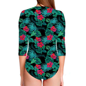 Turquoise Hawaiian Palm Leaves Print Long Sleeve Swimsuit