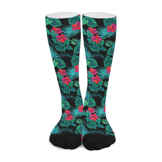 Turquoise Hawaiian Palm Leaves Print Long Socks