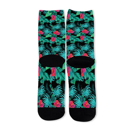 Turquoise Hawaiian Palm Leaves Print Long Socks