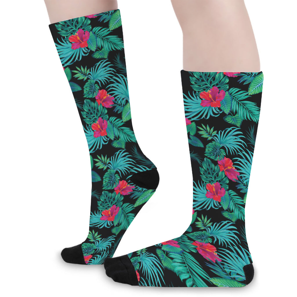 Turquoise Hawaiian Palm Leaves Print Long Socks