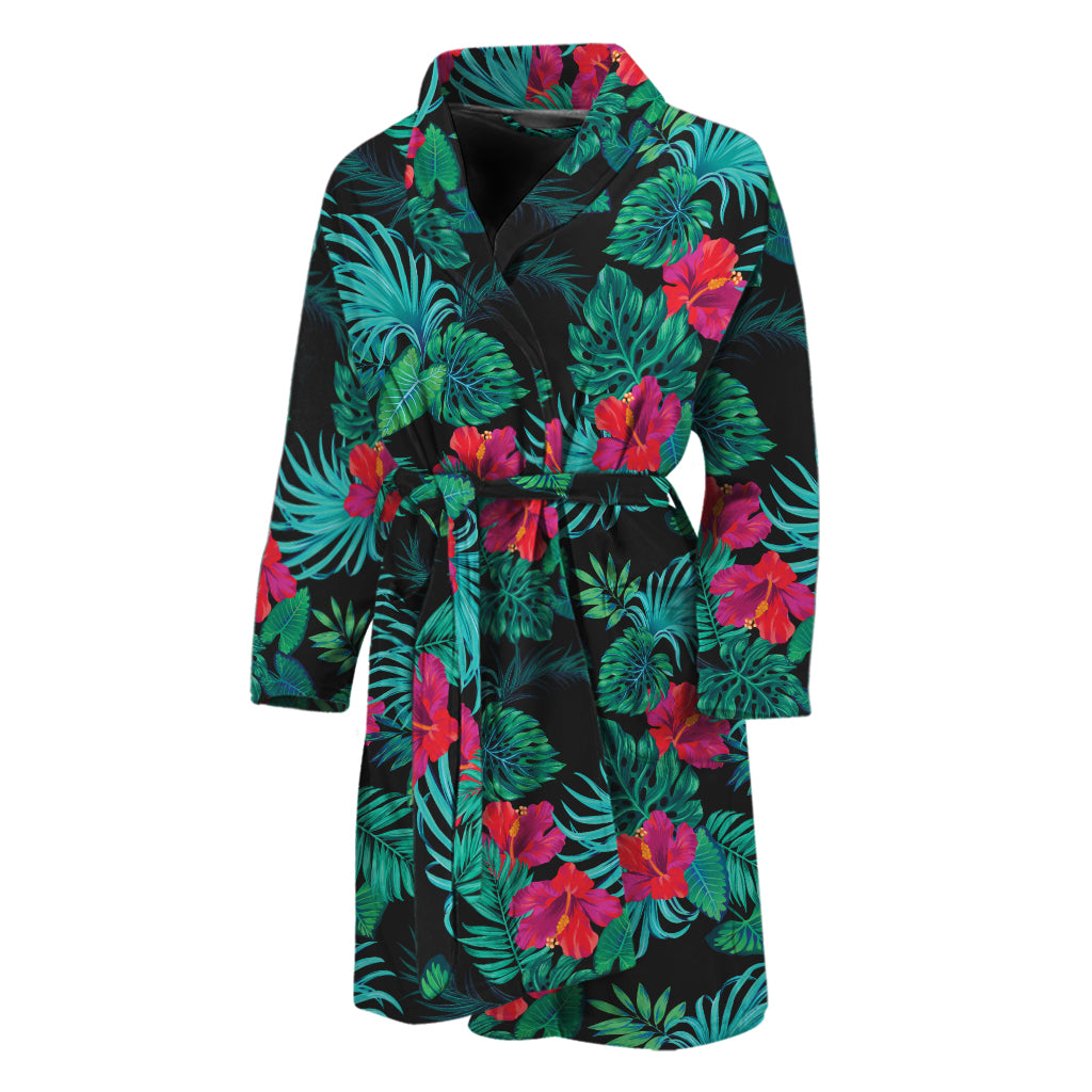 Turquoise Hawaiian Palm Leaves Print Men's Bathrobe