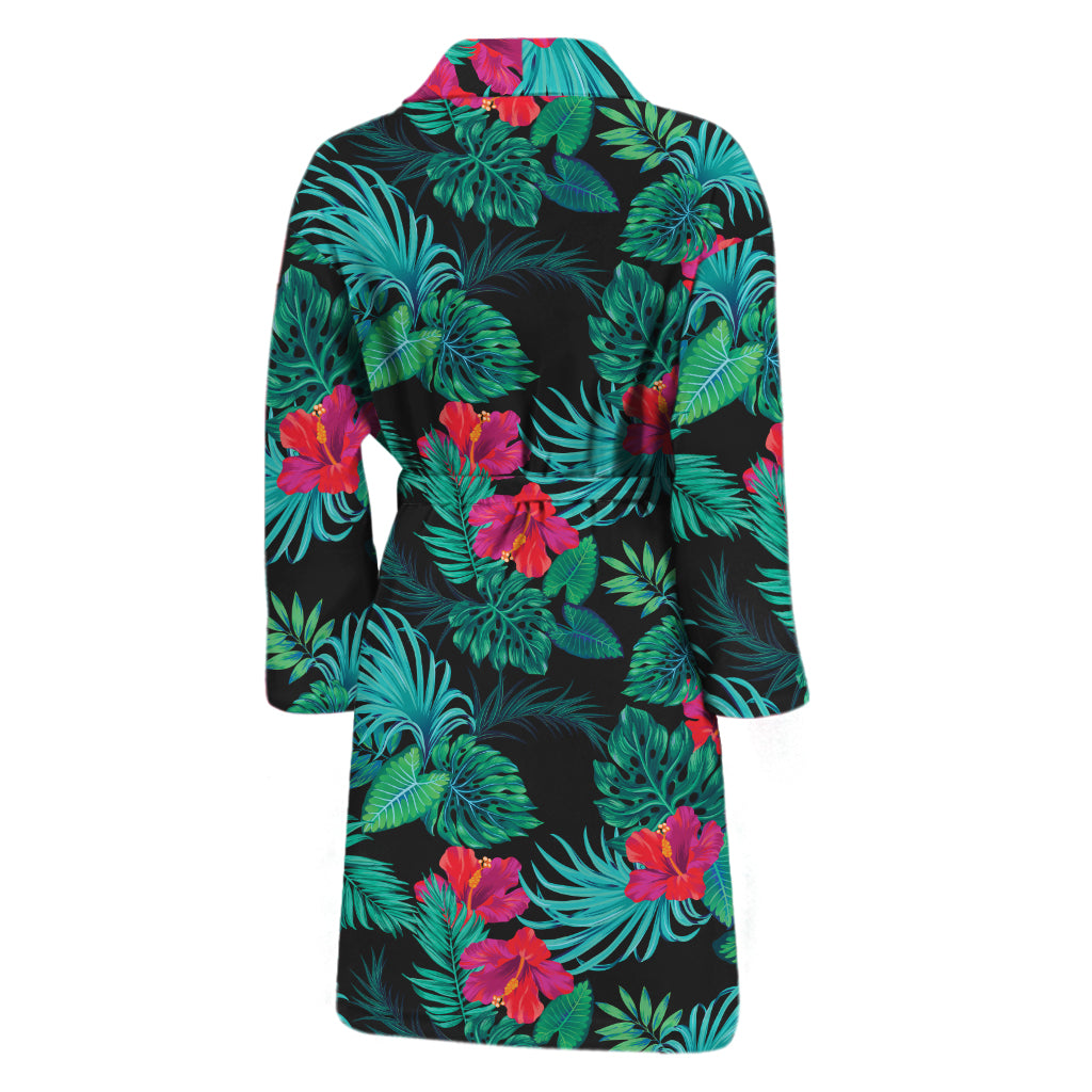 Turquoise Hawaiian Palm Leaves Print Men's Bathrobe