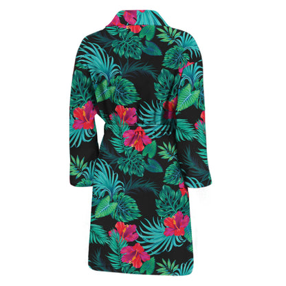 Turquoise Hawaiian Palm Leaves Print Men's Bathrobe