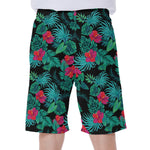 Turquoise Hawaiian Palm Leaves Print Men's Beach Shorts