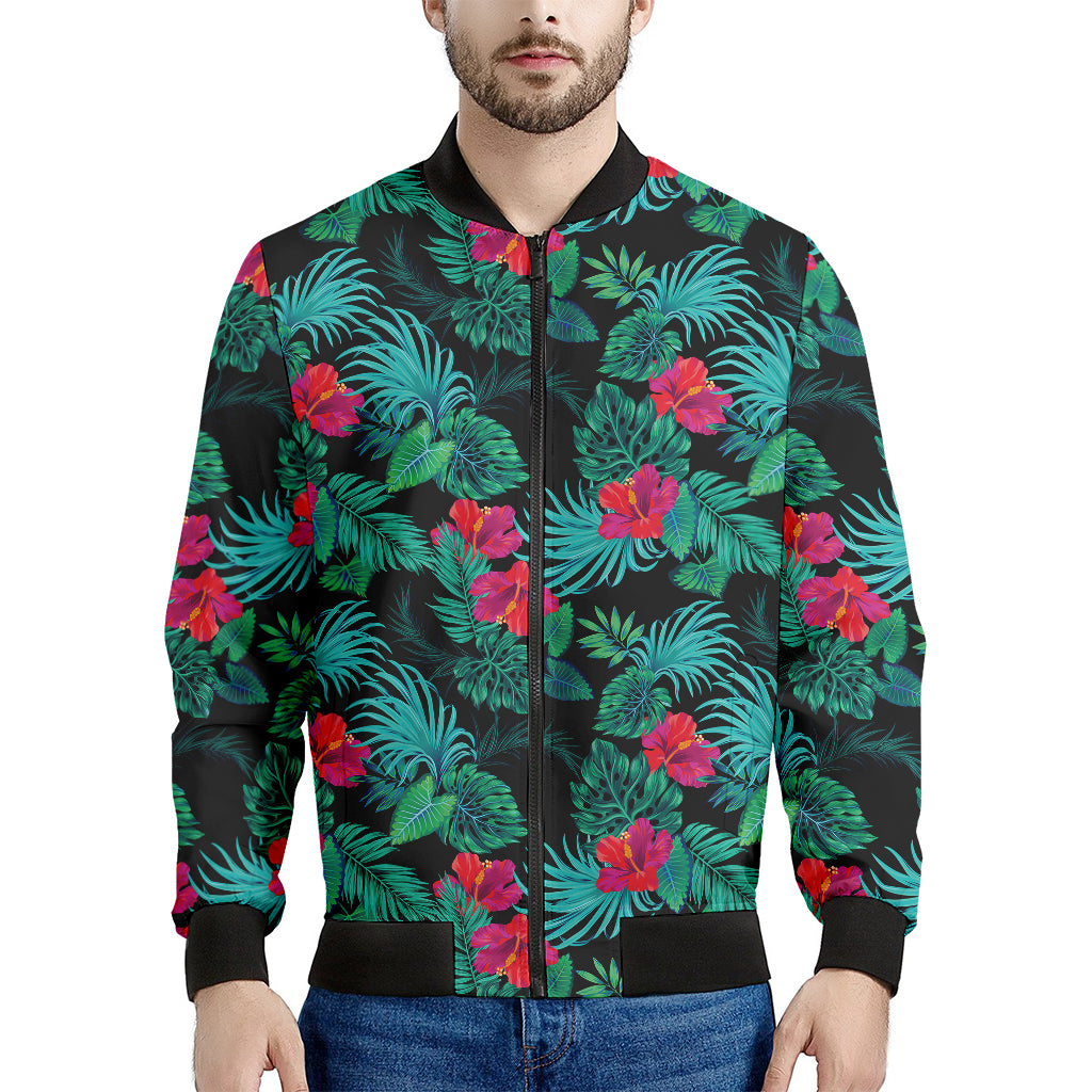 Turquoise Hawaiian Palm Leaves Print Men's Bomber Jacket