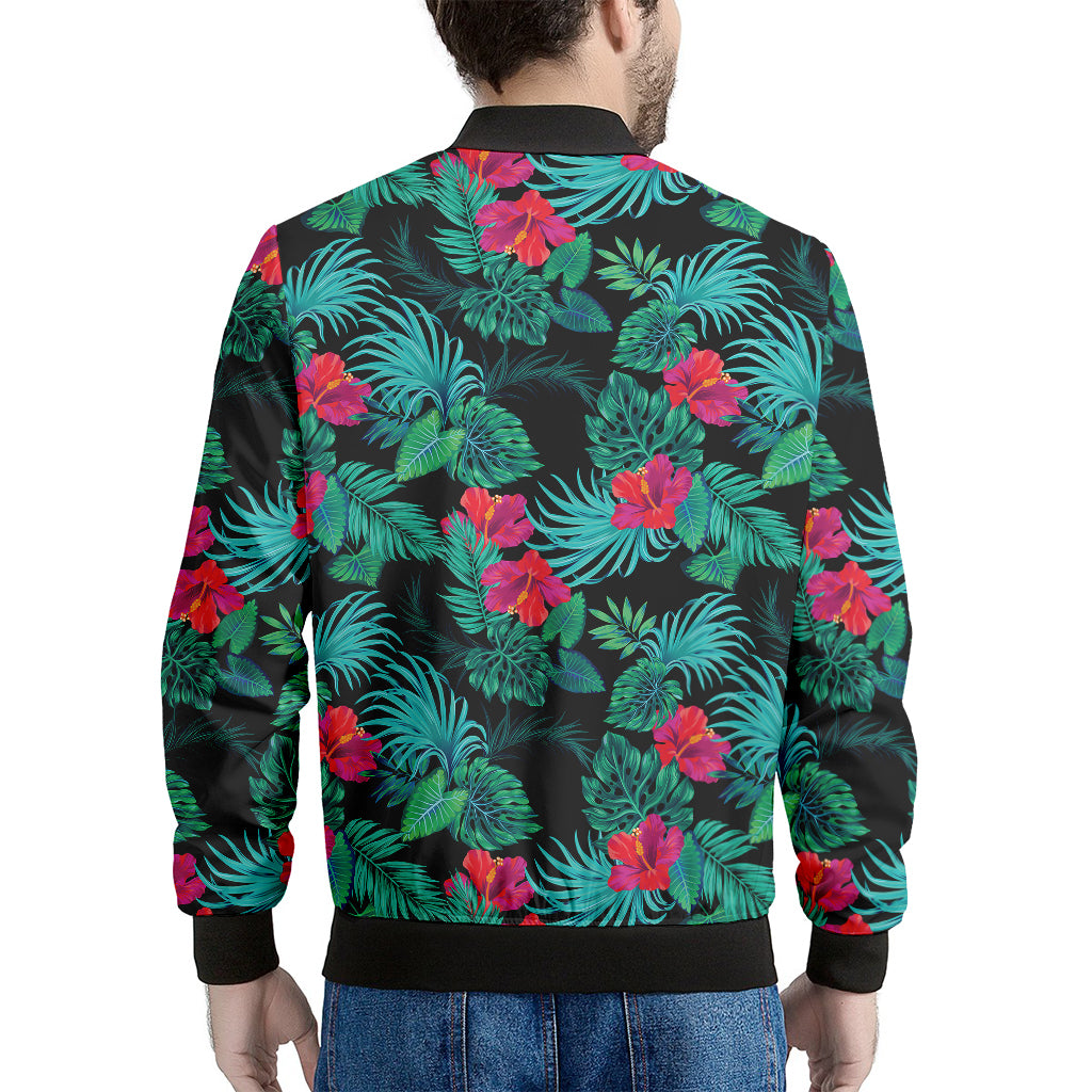 Turquoise Hawaiian Palm Leaves Print Men's Bomber Jacket