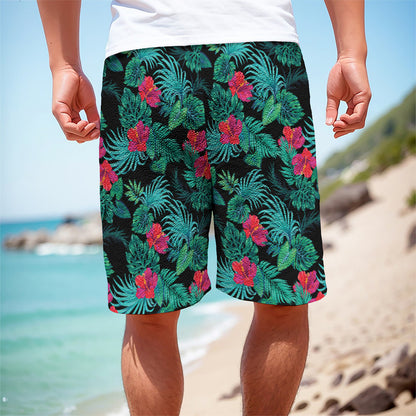 Turquoise Hawaiian Palm Leaves Print Men's Cargo Shorts