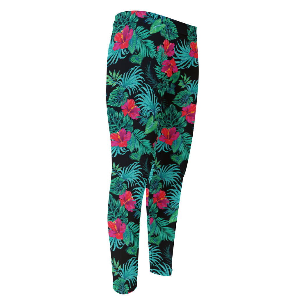 Turquoise Hawaiian Palm Leaves Print Men's Compression Pants