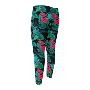 Turquoise Hawaiian Palm Leaves Print Men's Compression Pants