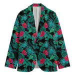 Turquoise Hawaiian Palm Leaves Print Men's Cotton Blazer