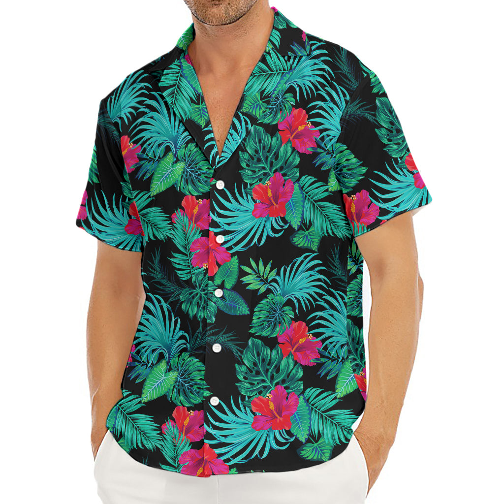 Turquoise Hawaiian Palm Leaves Print Men's Deep V-Neck Shirt