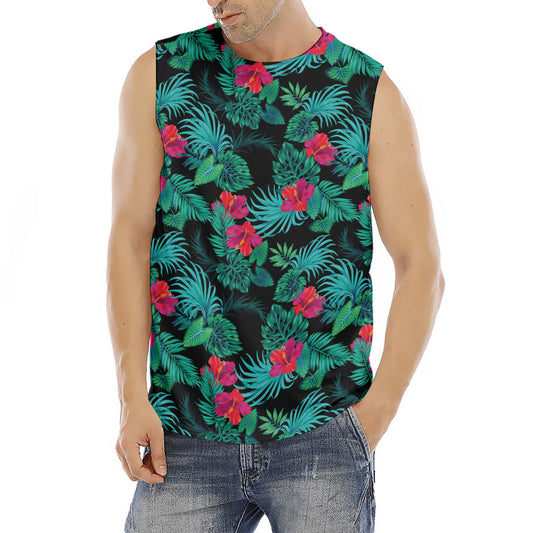 Turquoise Hawaiian Palm Leaves Print Men's Fitness Tank Top