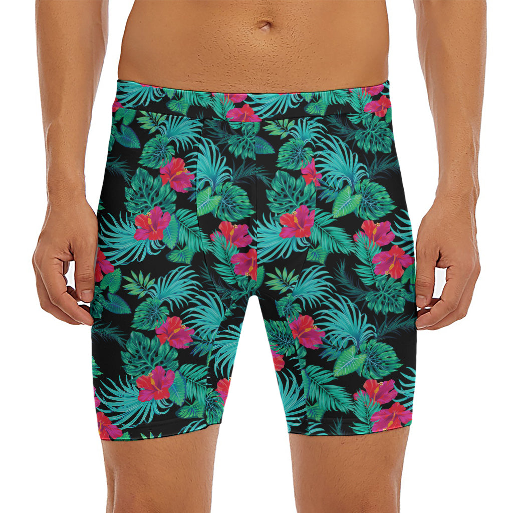 Turquoise Hawaiian Palm Leaves Print Men's Long Boxer Briefs