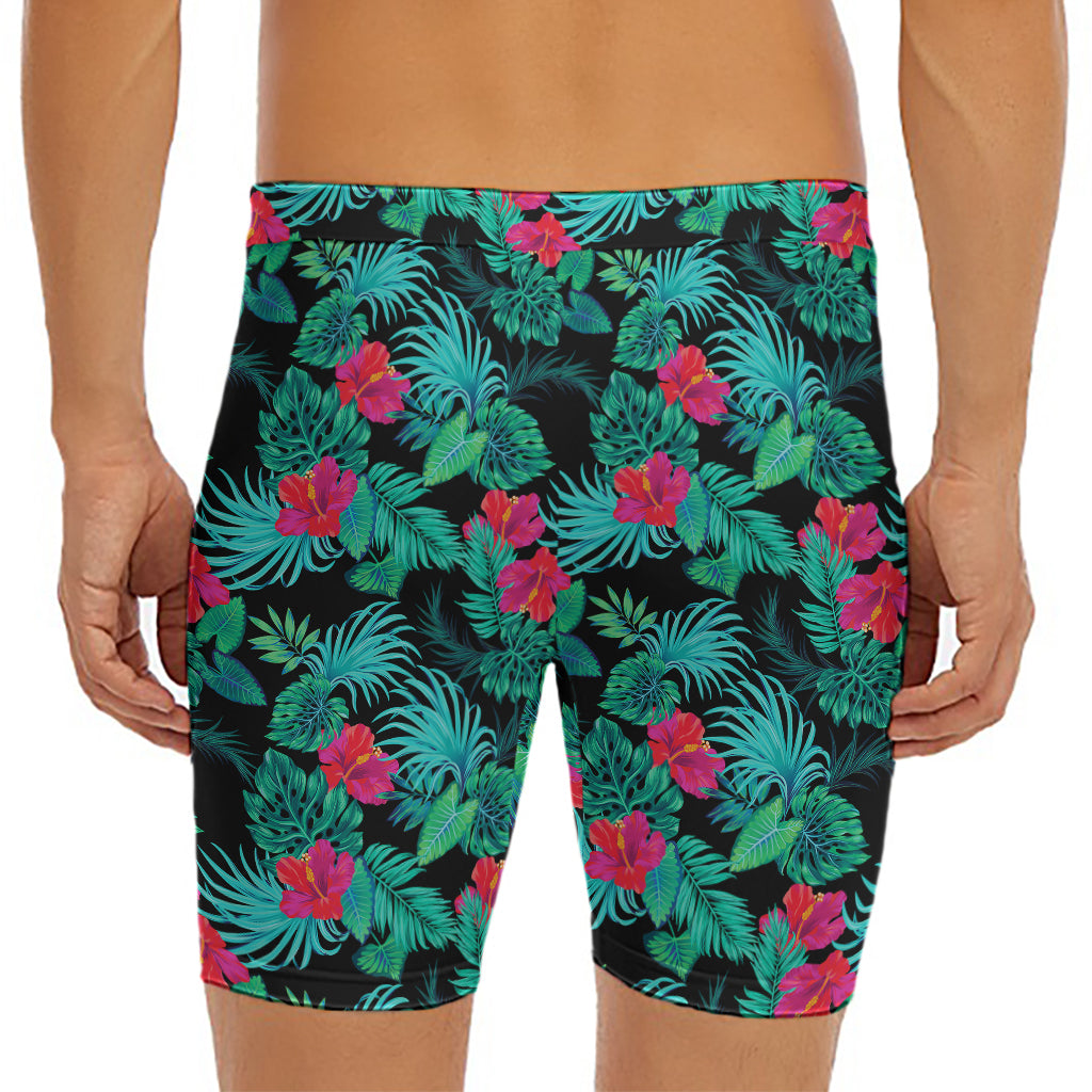 Turquoise Hawaiian Palm Leaves Print Men's Long Boxer Briefs
