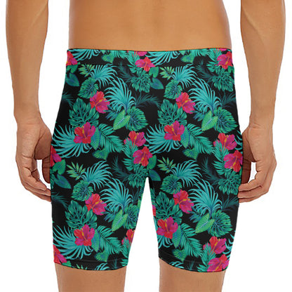 Turquoise Hawaiian Palm Leaves Print Men's Long Boxer Briefs
