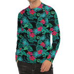 Turquoise Hawaiian Palm Leaves Print Men's Long Sleeve Rash Guard